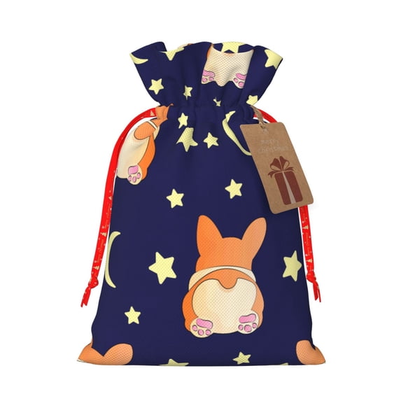 Fuzoiu Corgi Lying With Moons And Stars Print Christmas Gift Bag,Burlap Gift Bag with Drawstring Closure & Hang Tag,Perfect for Holidays, Birthdays, and Special Occasions-Medium