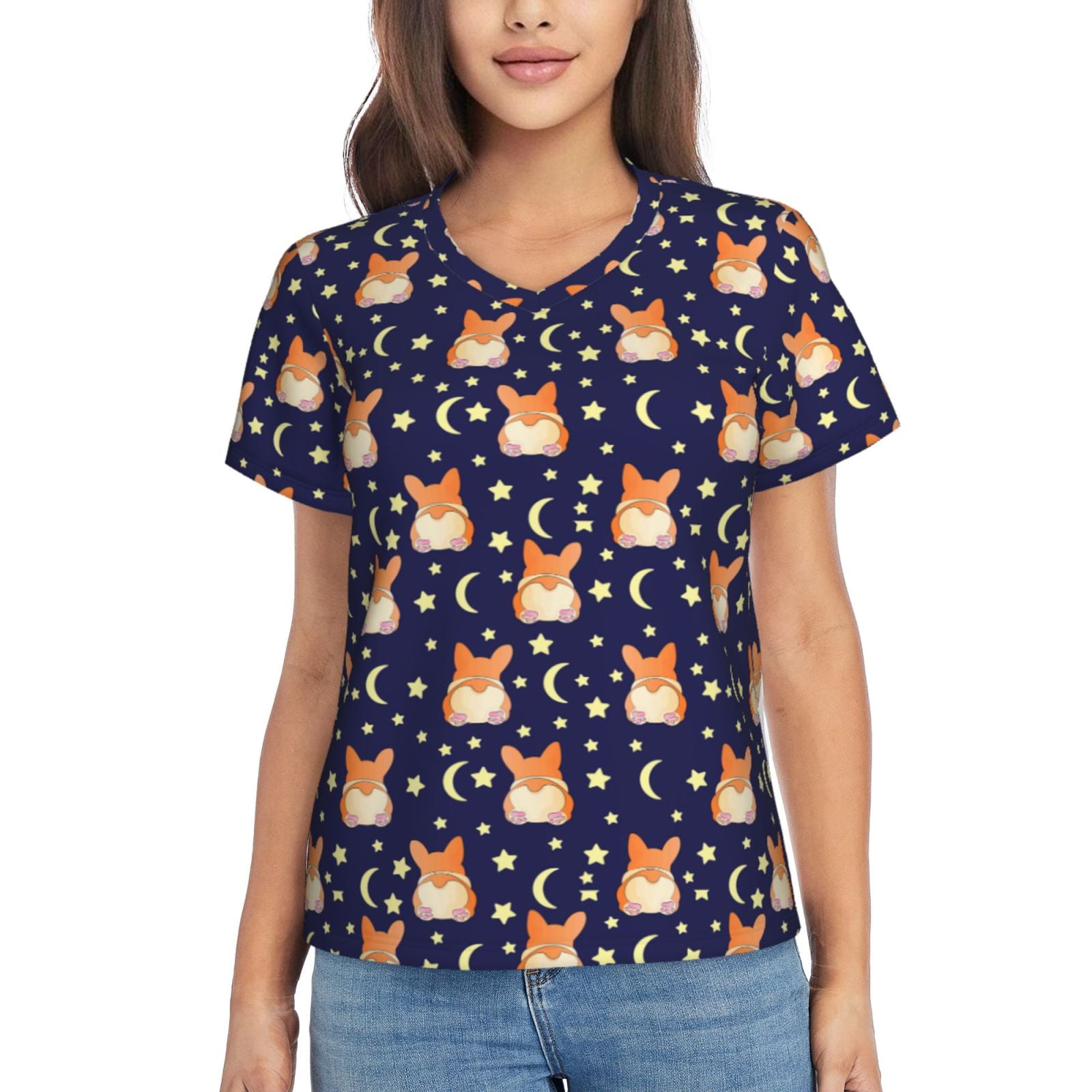 Fuzoiu Corgi Lying With Moons And Stars Print Women's Classic V-Neck T ...