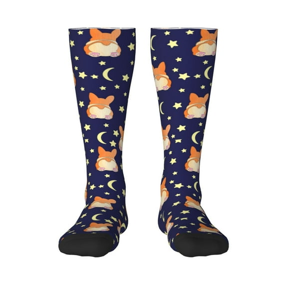 Fuzoiu Corgi Lying With Moons And Stars Print Adult Stockings,Crew Socks,Unisex Fashion Socks, Casual Sports Socks,Comfortable Crew Socks for Everyday Wear and Sports