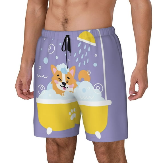 Fuzoiu Corgi Washing in Bathtub Print Men's Swim Shorts,Quick-Dry Double-Layer Swim Trunks,Board Trunks,Beach Shorts Swimwear Bathing Suits-3X-Large
