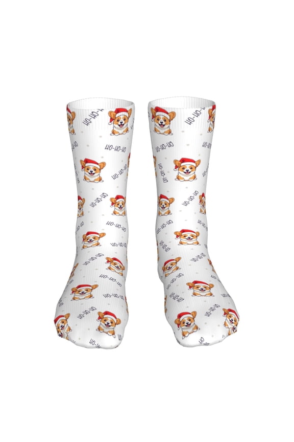 Corgi With Santa Claus Hat Print Crew Socks,Casual Athletic Gym LightWeight Thin Socks,Casual Crew Socks for Men Woman,Calf Length Crew Socks