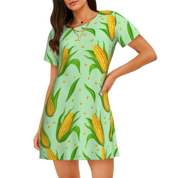 Fuzoiu Corn 7 Print Women Nightgowns, Soft Comfy Lightweight Short Sleeves Sleepwear,Crew Neck Loungewear