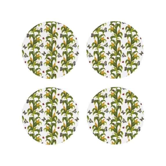 Fuzoiu Corn And Butterflies Print Leather Coasters Set,Drink Coasters Set of 4,for Tabletop Protection, Durable PVC Coasters,Home Décor and Housewarming Gift-Round Shape