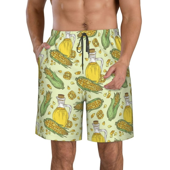 Fuzoiu Corn And Corn Oil Print Men's Beach Shorts,Men's Swim Trunks,Quick Dry Board Shorts with Pockets,Men's Bathing Suits for Surfing, Running, and Casual Wear-X-Large
