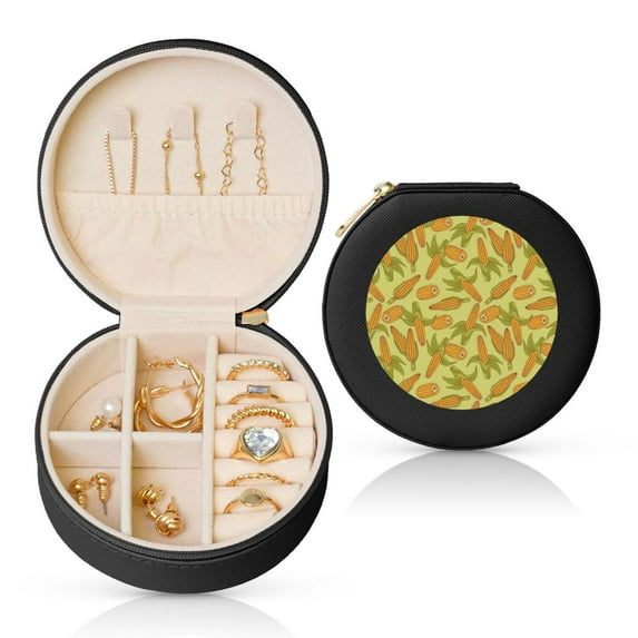 Fuzoiu Corn Print Portable Jewelry Box,Round Mini Leather Travel Jewelry Case,Small Travel Jewelry Organizer,Jewelry Holder for Ring Necklace Earring for Women Girls-Black