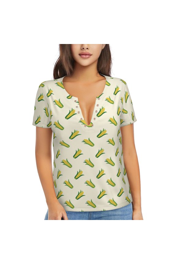 Corn Print Women's V-Neck T-Shirt,Women's Short Sleeve Top, Comfortable for Work, Leisure, and Sports