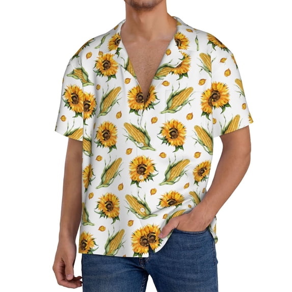 Fuzoiu Corn Sunflowers Print Men's Casual Short,Men's Short Sleeve Shirt,Mens Casual Button Down Shirts,Cuban Collar Summer Shirt for Beach, Vacation, and Outdoor Activities-Medium