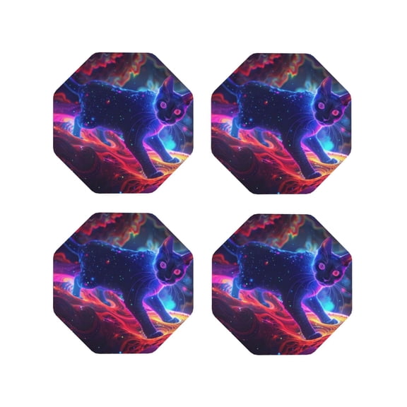 Fuzoiu Cosmic Cat Psychedelic Journey Print Leather Coasters Set,Drink Coasters Set of 4,for Tabletop Protection, Durable PVC Coasters,Home Décor and Housewarming Gift-Octagon