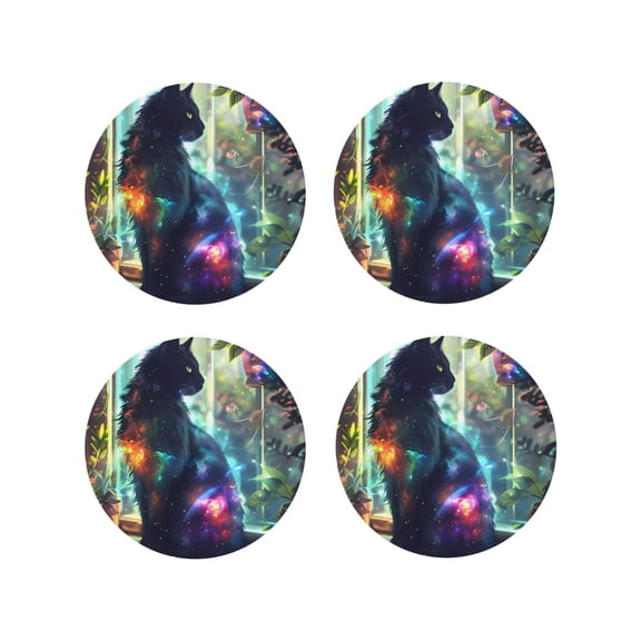 Fuzoiu Cosmic Cat In Window Print Leather Coasters Set,Drink Coasters Set of 4,for Tabletop Protection, Durable PVC Coasters,Home Décor and Housewarming Gift-Round Shape