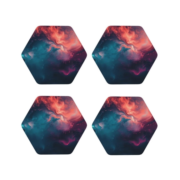 Fuzoiu Cosmic Paint Swirl Print Leather Coasters Set,Drink Coasters Set of 4,for Tabletop Protection, Durable PVC Coasters,Home Décor and Housewarming Gift-Hexagon