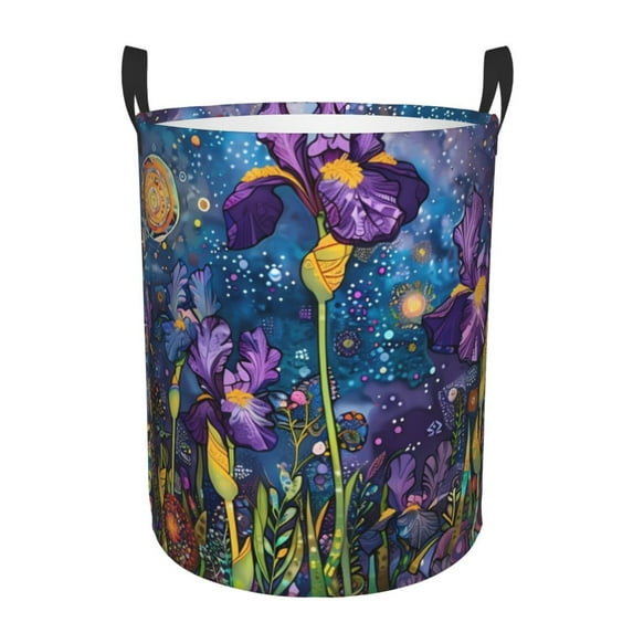 Fuzoiu Cosmic Purple Irises Print Circular Hamper,Laundry Basket with Handle,Collapsible Laundry,Dirty Clothes Storage Basket,for Bedroom Bathroom Dorm Living Room-Small
