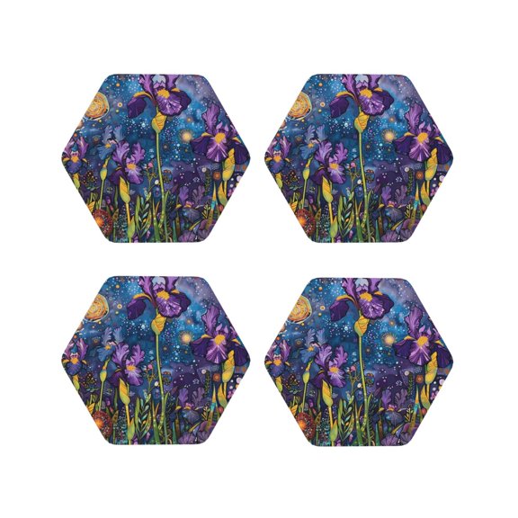 Fuzoiu Cosmic Purple Irises Print Leather Coasters Set,Drink Coasters Set of 4,for Tabletop Protection, Durable PVC Coasters,Home Décor and Housewarming Gift-Hexagon