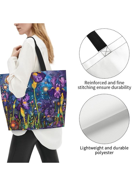 Fuzoiu Cosmic Purple Irises Print Tote Bags for Women,Shoulder Bag, Gym Tote,Top Handle Ladies Shoulder Bags for Work Beach Travel and Shopping Grocery
