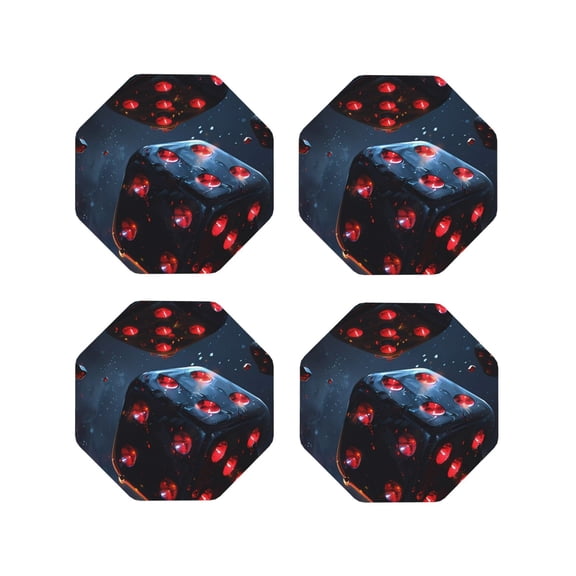 Fuzoiu Cosmic Red Sparkle Dice Print Leather Coasters Set,Drink Coasters Set of 4,for Tabletop Protection, Durable PVC Coasters,Home Décor and Housewarming Gift-Octagon