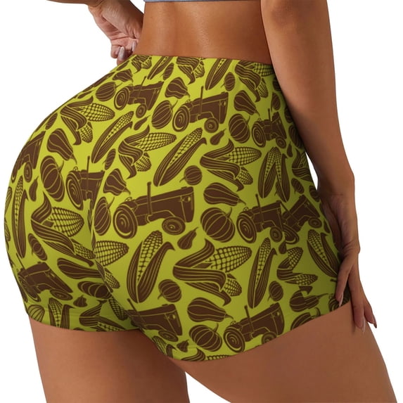 Fuzoiu Countryside Pumpkin Tractor Print Women's Workout Shorts,Workout Biker Shorts Women,Exercise Fitness Shorts,Scrunch Short, Athletic Shorts for Gym Yoga Running Sport Active-Medium