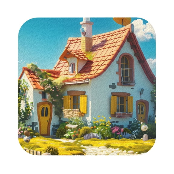 Fuzoiu Cozy Cartoon Backyard Print Leather Coasters Set,Drink Coasters Set of 6,for Tabletop Protection, Durable PVC Coasters,Home Décor and Housewarming Gift,Square