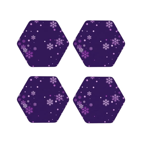 Fuzoiu Crystal Purple Snowflake Print Leather Coasters Set,Drink Coasters Set of 4,for Tabletop Protection, Durable PVC Coasters,Home Décor and Housewarming Gift-Hexagon
