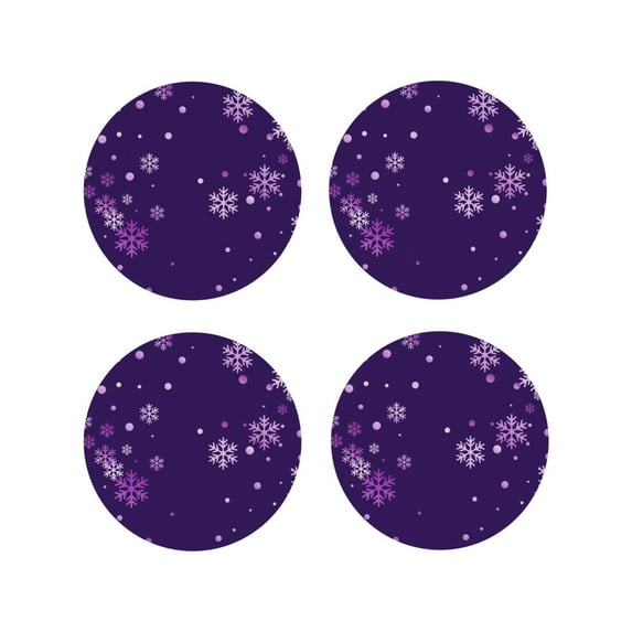 Fuzoiu Crystal Purple Snowflake Print Leather Coasters Set,Drink Coasters Set of 4,for Tabletop Protection, Durable PVC Coasters,Home Décor and Housewarming Gift-Round Shape