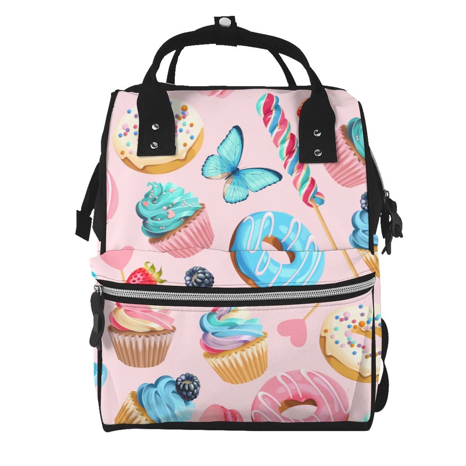 Fuzoiu Cupcakes and Donuts Print Diaper Bag Backpack,Baby Essentials Travel Tote,Multi function Waterproof Diaper Bag, Travel Essentials Baby Bag - Unisex