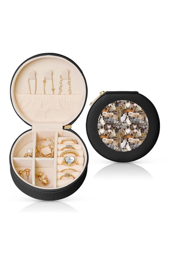 Cut Cats Print Portable Jewelry Box,Round Mini Leather Travel Jewelry Case,Small Travel Jewelry Organizer,Jewelry Holder for Ring Necklace Earring for Women Girls-Black