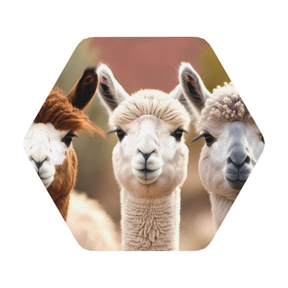 Fuzoiu Cute Alpaca in Daze Print Leather Coasters Set,Drink Coasters Set of 6,for Tabletop Protection, Durable PVC Coasters,Home Décor and Housewarming Gift,Hexagon