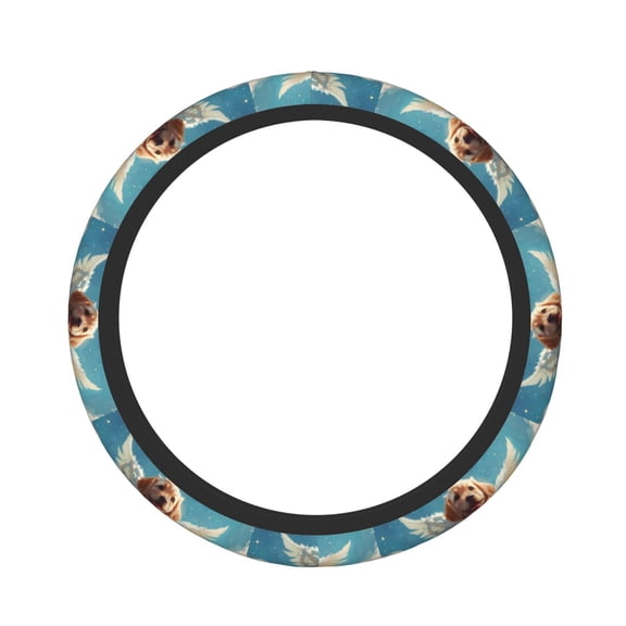 Fuzoiu Cute Angel Winged Dog Print Elastic Stretch Steering Wheel Cover, Universal 15 Inch Automotive Steering Wheel Cover, Anti-Slip Sweat Absorption Universal Car Accessories for Women Men