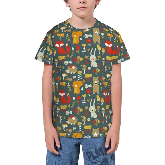 Fuzoiu Cute Animal Forest Print Youth Short Sleeve T-Shirt,Youth Dry-Fit Active Athletic T-Shirt,Short Sleeve Tops Tees for School, Sports, and Casual Wear