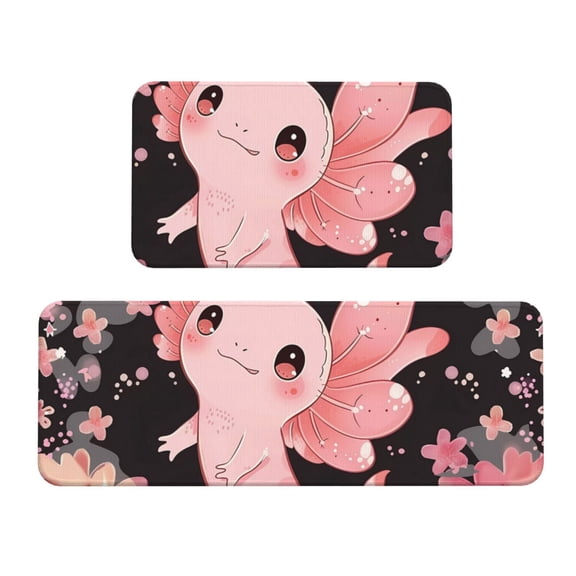 Fuzoiu Cute Axolotl Sakura Blossoms A Print Kitchen Floor Mat 2 Sets,Kitchen Rugs and Mats,,Non Skid Waterproof Kitchen Floor Mat for Kitchen,Home Office,Sink,Laundry