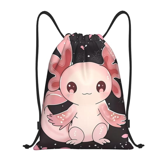 Fuzoiu Cute Axolotl Sakura Blossoms Print Drawstring Backpack for Gym, Travel, Yoga,Sports Sackpack String Bag for Women Men-Small