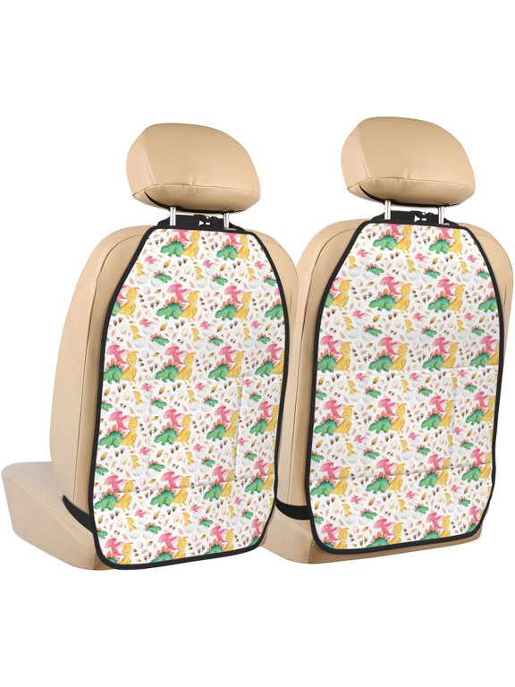 Cute Baby Dinosaurs Print 2 Pack Kick Mat Back Seat Protector With 3 Storage Pockets, Universal Car Seat Back Organizer For Kids Pets, Waterproof Backseat Protector For Most Car