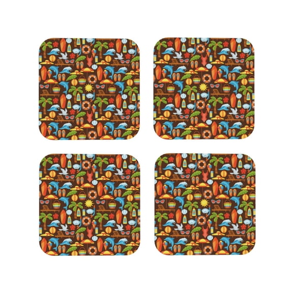 Fuzoiu Cute Beach Dolphin Print Leather Coasters Set,Drink Coasters Set of 4,for Tabletop Protection, Durable PVC Coasters,Home Décor and Housewarming Gift-Square