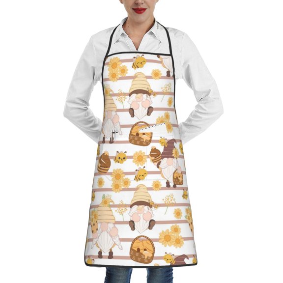 Fuzoiu Cute Bee Gnome2 Print Kitchen Cooking Aprons,Kitchen Cooking BBQ Aprons,Chef Apron with 2 Pockets for Men Women,Art Aprons for Painting Pottery Ceramics