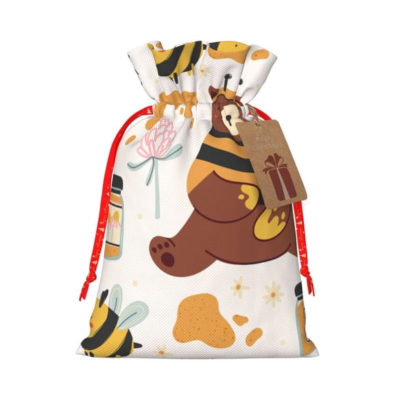 Fuzoiu Cute Bee Honey Jar Hive Bear Print Christmas Gift Bag,Burlap Gift Bag with Drawstring Closure & Hang Tag,Perfect for Holidays, Birthdays, and Special Occasions-Small