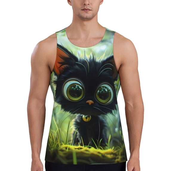 Fuzoiu Cute Big-Eyed Black Cat Print Men's Workout Tank Tops,Sleeveless Gym Shirt Quick Dry,Fitness Bodybuilding T-Shirt,Muscle Athletic Workout Tee-Medium