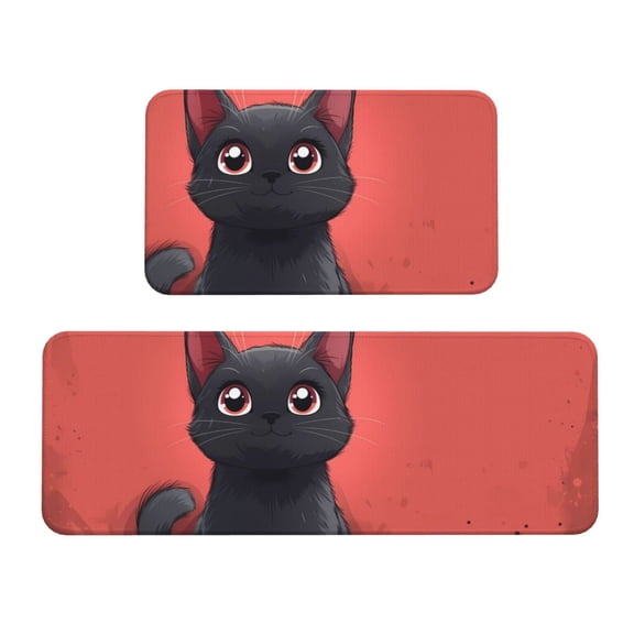 Fuzoiu Cute Black Kitten Cartoon Print Kitchen Floor Mat 2 Sets,Kitchen Rugs and Mats,,Non Skid Waterproof Kitchen Floor Mat for Kitchen,Home Office,Sink,Laundry