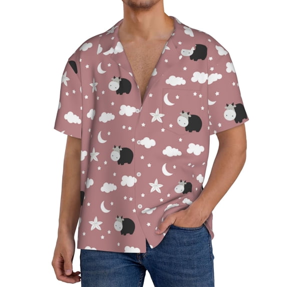 Fuzoiu Cute Calf Print Men's Casual Short,Men's Short Sleeve Shirt,Mens Casual Button Down Shirts,Cuban Collar Summer Shirt for Beach, Vacation, and Outdoor Activities-X-Large
