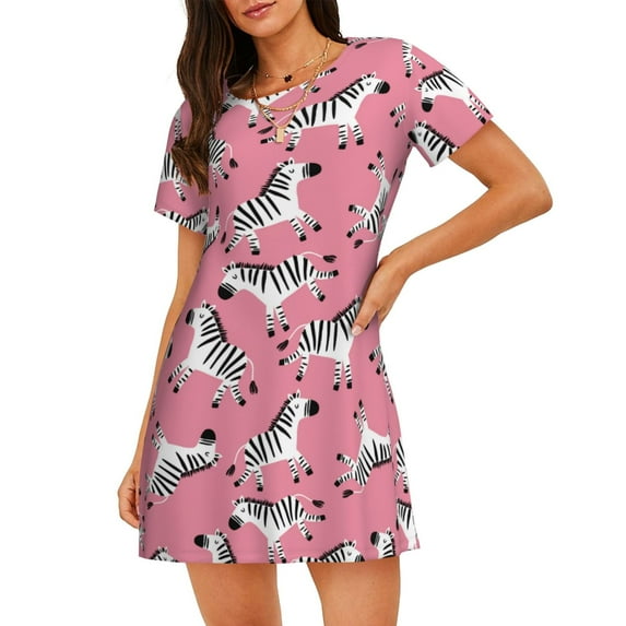 Fuzoiu Cute Cartoon Zebra Print Women Nightgowns, Soft Comfy Lightweight Short Sleeves Sleepwear,Crew Neck Loungewear