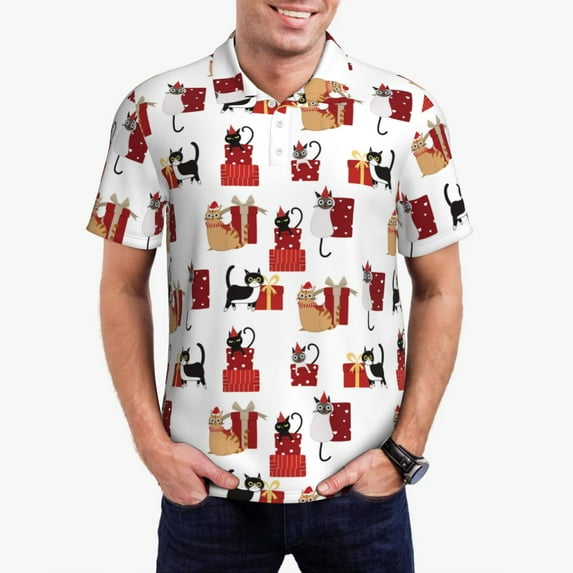 Fuzoiu Cute Cat And Christmas Gift Print Men's Polo Shirts Short Sleeve,Golf Shirts for Men,Mens Golf Shirt Moisture Wicking Quick-Dry-Large
