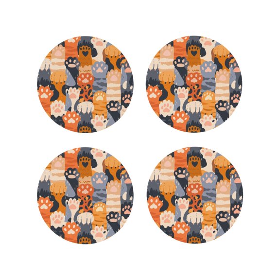 Fuzoiu Cute Cat Paw Print Leather Coasters Set,Drink Coasters Set of 4,for Tabletop Protection, Durable PVC Coasters,Home Décor and Housewarming Gift-Round Shape