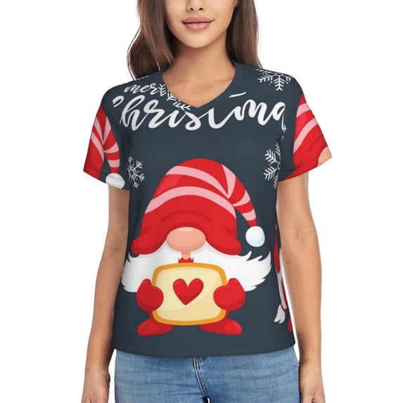 Fuzoiu Cute Christmas Gnomes (2) Print Women's Classic V-Neck T-Shirt, Short Sleeve V Neck Tees for Casual Everyday Wear,Casual Fit Tee,Summer Fashion Tops-XX-Large
