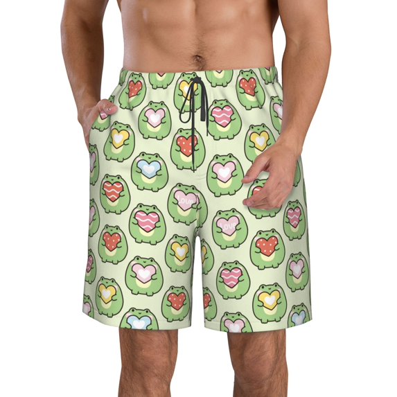 Fuzoiu Cute Chubby Frog Print Men's Beach Shorts,Men's Swim Trunks,Quick Dry Board Shorts with Pockets,Men's Bathing Suits for Surfing, Running, and Casual Wear-3X-Large