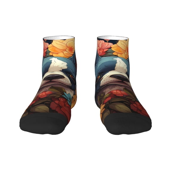 Fuzoiu Cute Colorful Flower French Bulldog Print Adult Socks, Crew Moisture-wicking Socks, Unisex Cushion Crew Socks,Casual Sports Ankle Socks