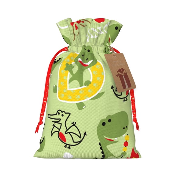 Fuzoiu Cute Dinosaurs Cartoon Print Christmas Gift Bag,Burlap Gift Bag with Drawstring Closure & Hang Tag,Perfect for Holidays, Birthdays, and Special Occasions-Medium