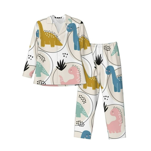 Fuzoiu Cute Dinosaurs Print Men's Long-Sleeved Pajama,Lounge Button Down Nightwear,Mens Notch Collar Pajama Set -Small