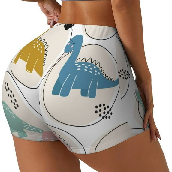 Fuzoiu Cute Dinosaurs Print Women's Workout Shorts,Workout Biker Shorts Women,Exercise Fitness Shorts,Scrunch Short, Athletic Shorts for Gym Yoga Running Sport Active-Large