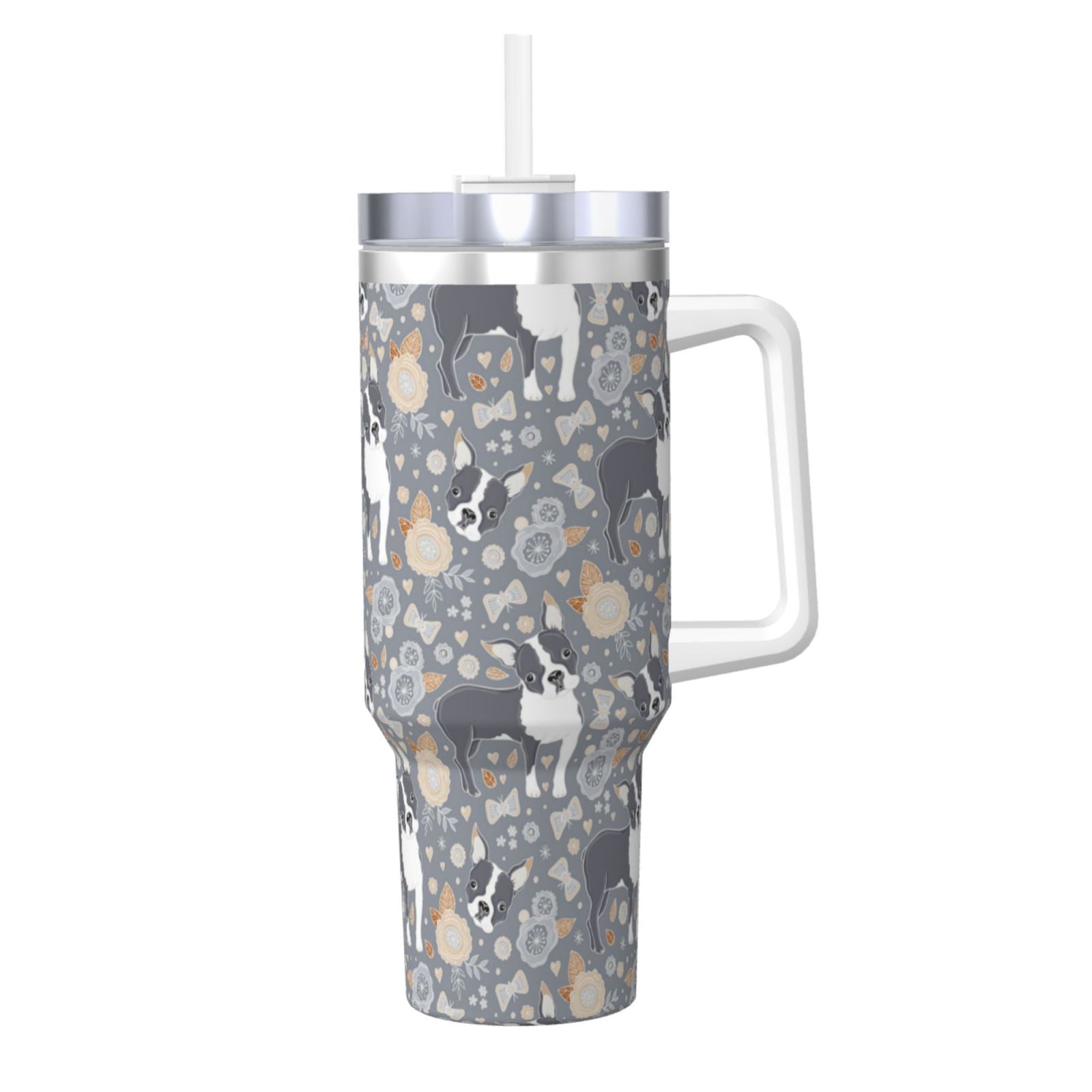 Fuzoiu Cute Dog And Flowers Print 40OZ Ice Bully Stainless Steel Insulated Cup with Handle and ...