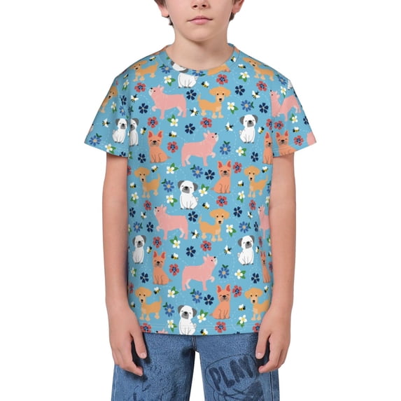 Fuzoiu Cute Dog Print Youth Short Sleeve T-Shirt,Youth Dry-Fit Active Athletic T-Shirt,Short Sleeve Tops Tees for School, Sports, and Casual Wear