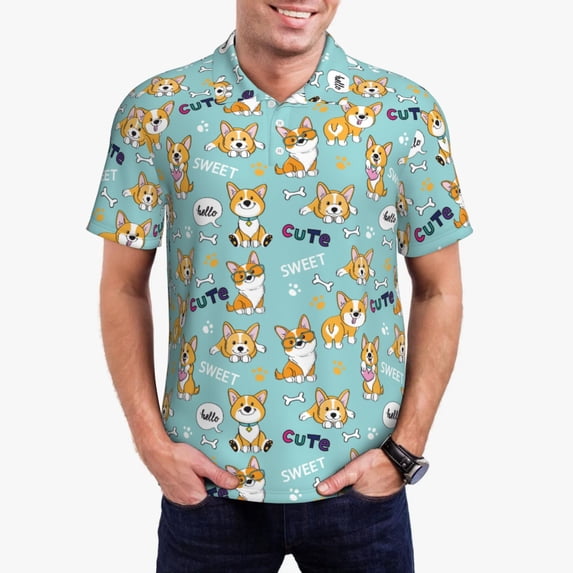 Fuzoiu Cute Dogs Corgi Print Men's Polo Shirts Short Sleeve,Golf Shirts for Men,Mens Golf Shirt Moisture Wicking Quick-Dry-4X-Large
