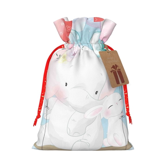 Fuzoiu Cute Elephant Print Christmas Gift Bag,Burlap Gift Bag with Drawstring Closure & Hang Tag,Perfect for Holidays, Birthdays, and Special Occasions-Small