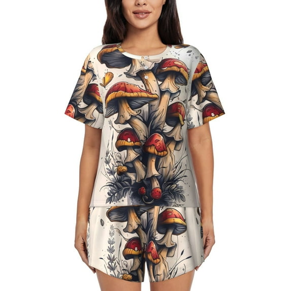 Fuzoiu Cute Forest Mushrooms Print Women's Short-Sleeved Pajama Set,Lounge Sleepwear Set,Womens Pajama Sets 2 Piece,Button-Up Top and Shorts with Pockets-Medium